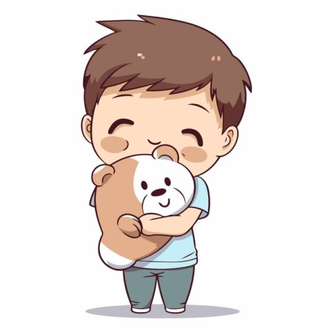 Vector illustration of a cute little boy holding a teddy bear.