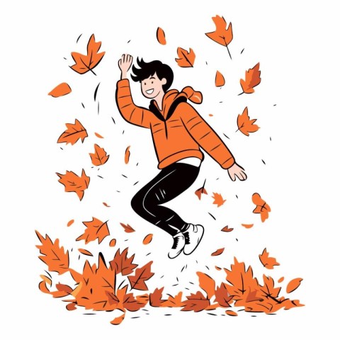 Happy young man jumping in autumn leaves in sketch style.