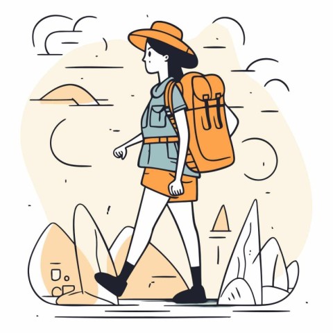 Vector illustration of a young woman with a backpack walking in