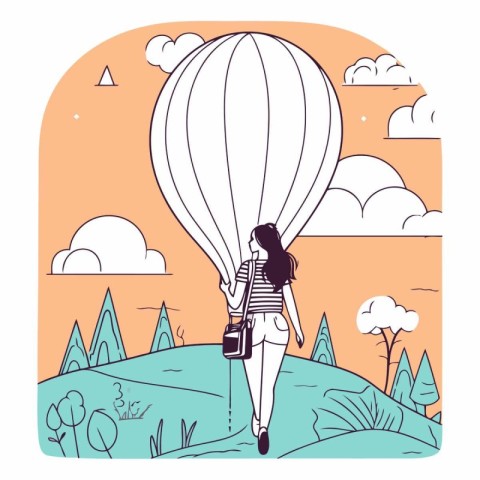 Tourist woman with camera and hot air balloon vector illustratio