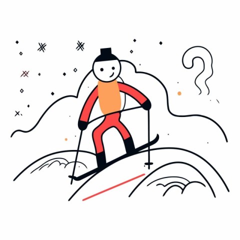 Skiing. Line art vector illustration. Flat design style.