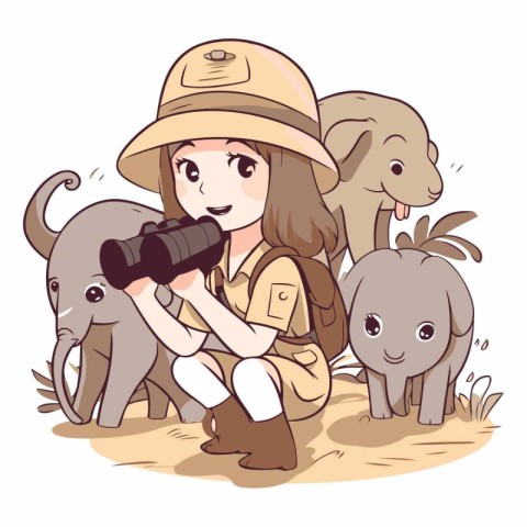 Girl in safari hat with binoculars and elephant vector illustrat