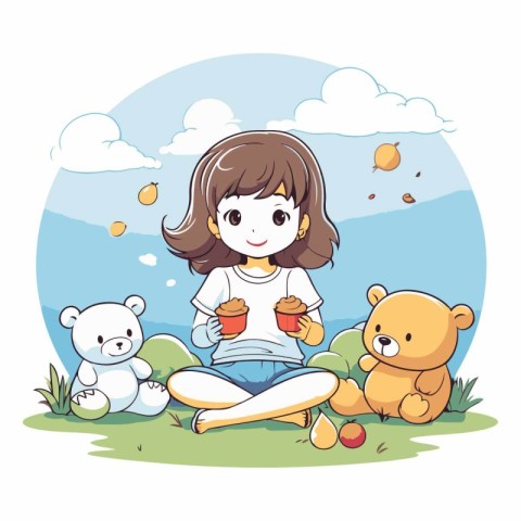 Girl playing with teddy bears in the park.