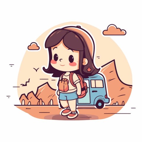 Cute little girl travelling by car in cartoon style.