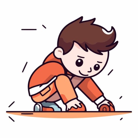 Cute little boy playing snowboard in cartoon style.