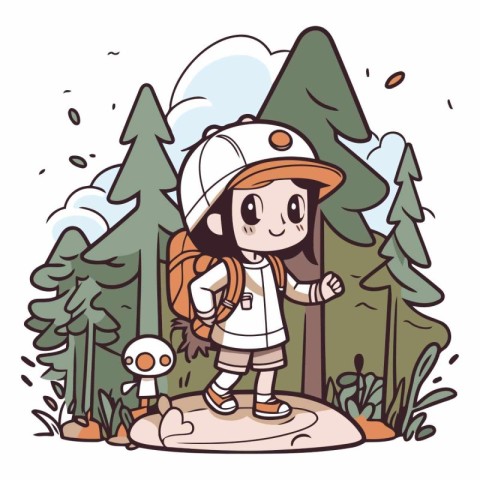 Cute little girl with backpack hiking in the forest.