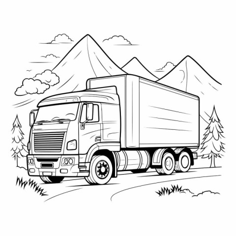 Vector illustration of a truck in the mountains. Black and white