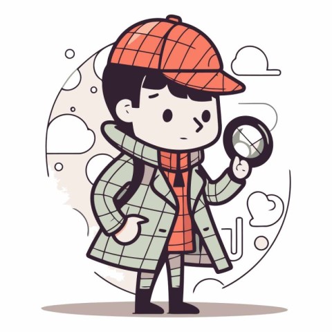 Cute cartoon boy with magnifying glass and coat.