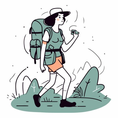 Vector illustration of a hiker with a backpack and a smartphone.