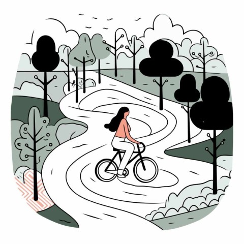 Young woman riding a bicycle in the park in flat style.