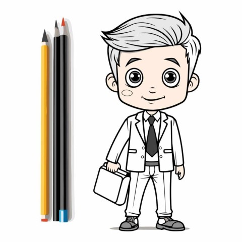 Boy in white coat and black tie standing with pencils.