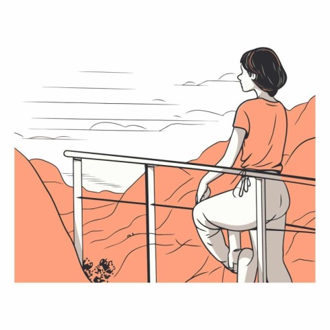 Young woman standing on the balcony and watching the landscape.