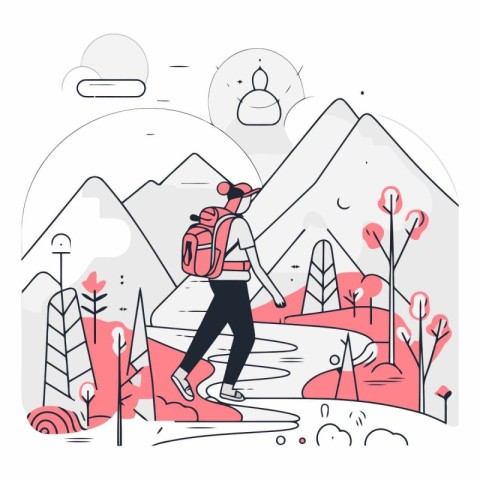 Vector illustration of man with backpack hiking in nature. Line