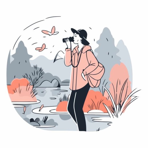 Vector illustration of a girl with a camera on a background of n