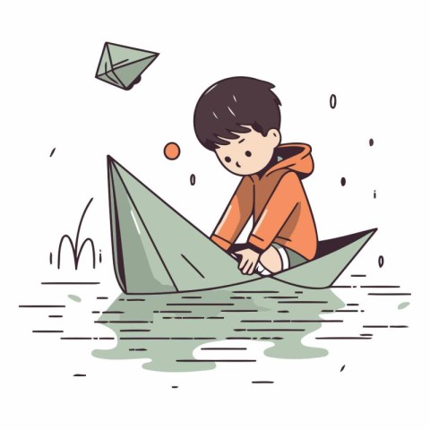 Illustration of a boy in a paper boat on the water.