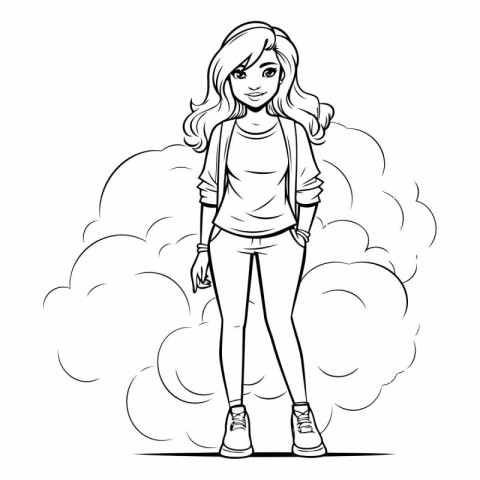 Vector illustration of a beautiful girl in casual clothes on a b