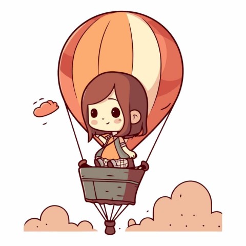 Cute little girl flying in hot air balloon cartoon vector illust