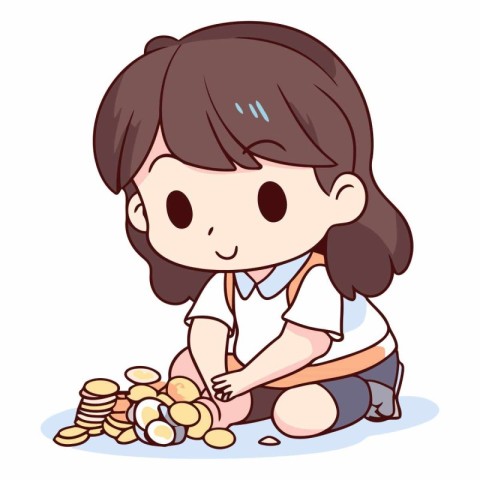 Illustration of a Kid Girl Collecting Coins from the Pile