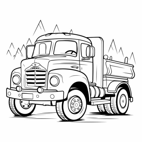 Truck with snow on the roof. Black and white vector illustration