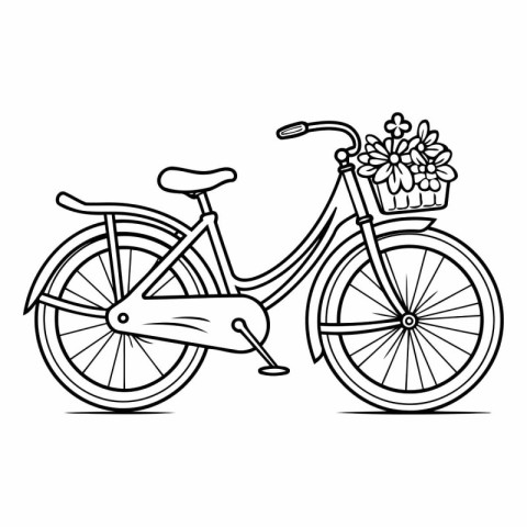 Bicycle with basket of flowers in outline style.