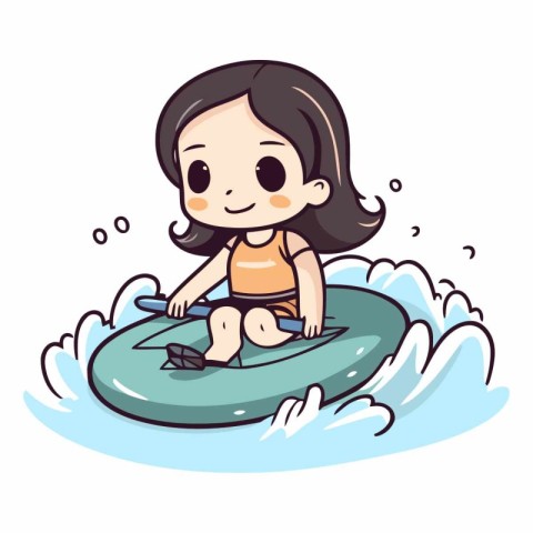 Cute little girl riding a surfboard in the sea.