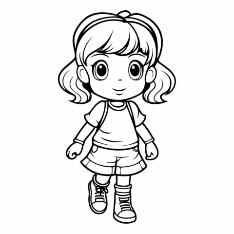 Cute Little Girl Cartoon Character Vector Illustration for Color