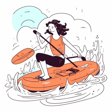 Young woman paddling on a kayak. Cartoon vector illustration.