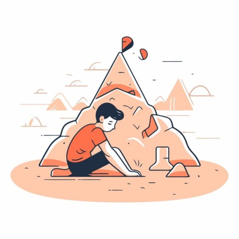 Climbing on the mountain. Line art style vector illustration.