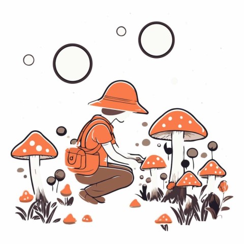 Illustration of a mushroom picking up mushrooms with a hat and a