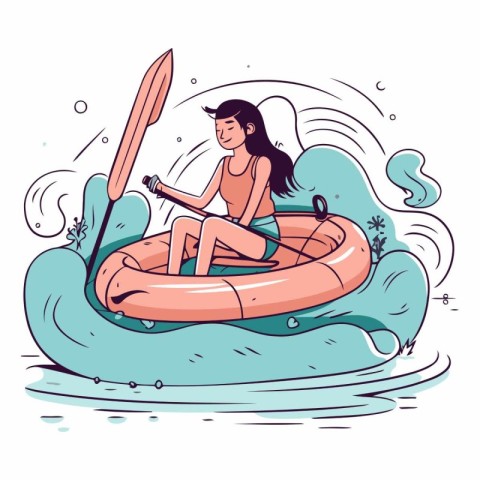 Girl in a rubber ring on the water in cartoon style.