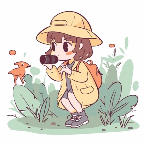 Illustration of a Girl with a Camera and a Bird in the Park