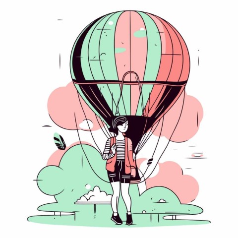 Vector illustration of a girl with a backpack in a hot air ballo