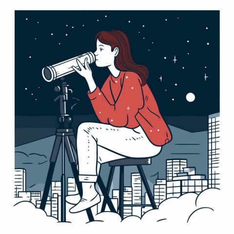 Vector illustration of a young woman looking through a telescope