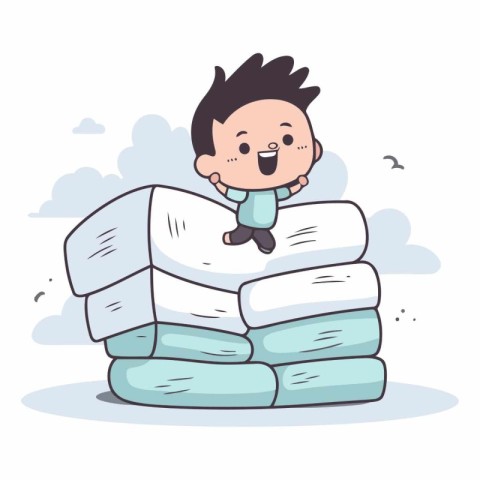 Cute little boy sitting on stack of pillows