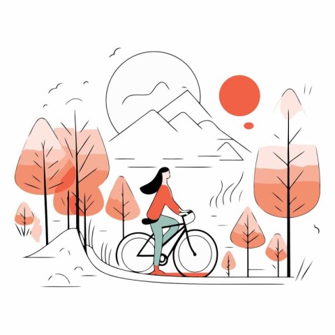 Vector illustration of a woman riding a bicycle in the autumn fo