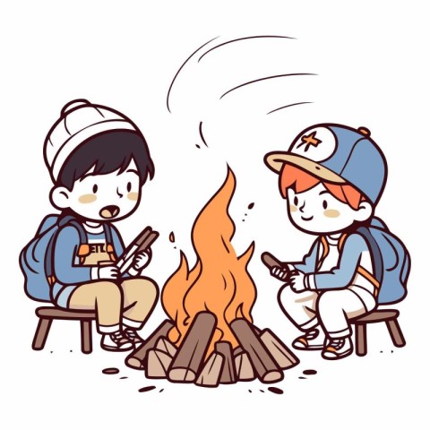 Boy and girl camping in the campfire. cartoon vector illustratio