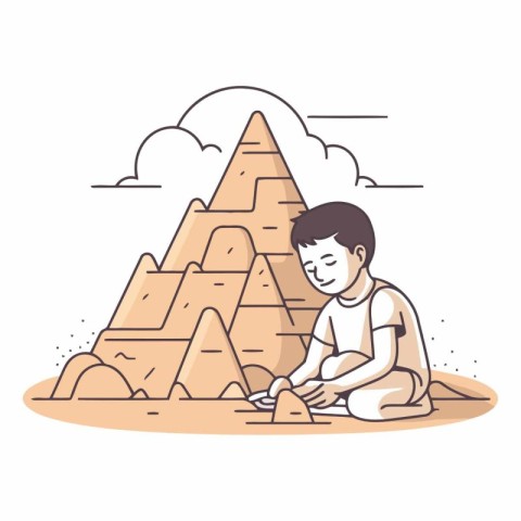 Vector illustration of a boy sculpting a pyramid in the desert.