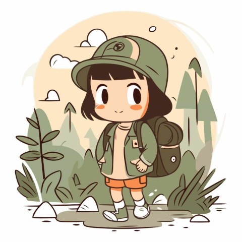 Illustration of a Cute Girl Hiking in the Forest.