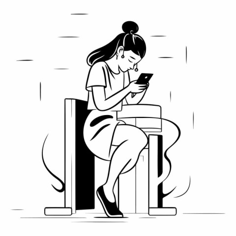 Woman sitting on chair and using smartphone in line art style.