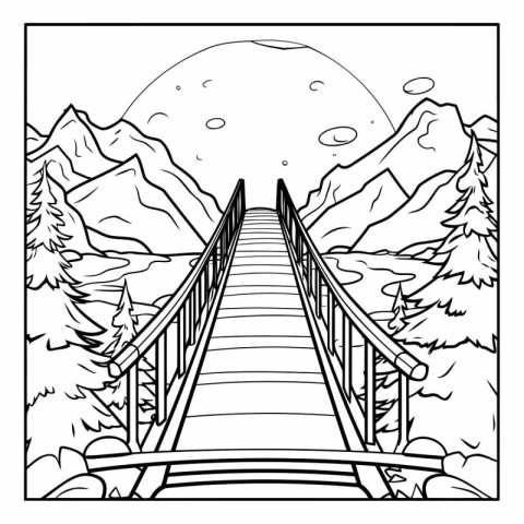 Bridge in the mountains. Black and white vector illustration for