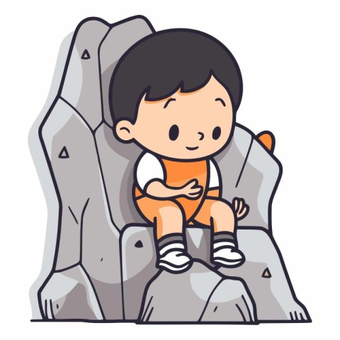 Little boy sitting on a rock in cartoon style.