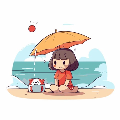 Little girl sitting on the beach with umbrella and cat.