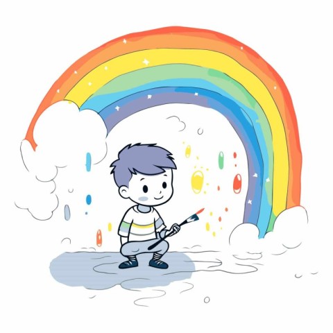 Cute boy painting a rainbow on white background.