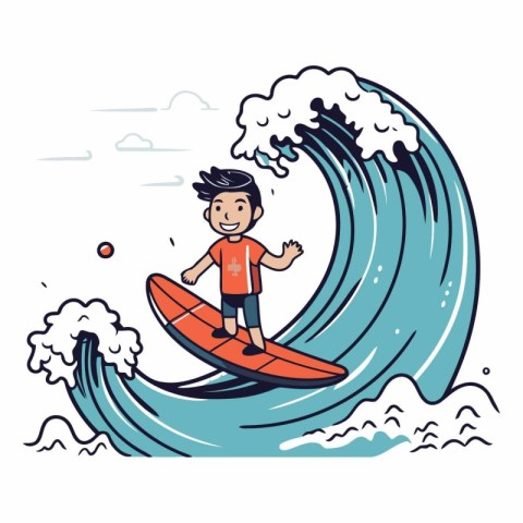 Surfer on the wave in a flat style.