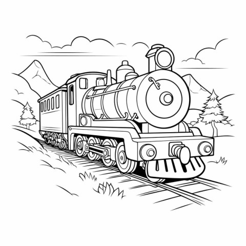 Vintage steam locomotive. Black and white vector illustration fo