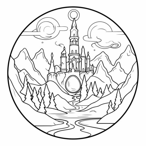 Sketch of a fairy tale castle in the mountains