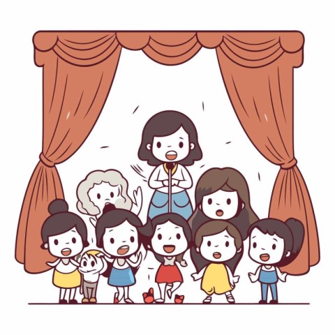 Illustration of Stickman Kids and their Teacher at the Stage.