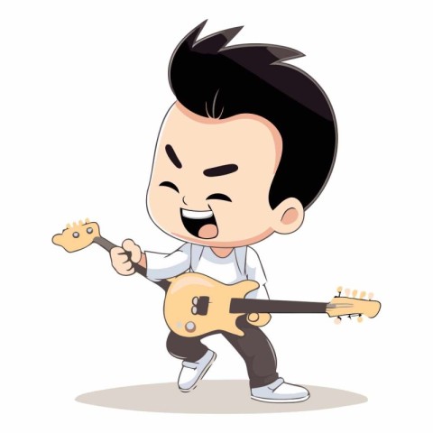 Boy playing guitar cartoon vector illustration. Cute little boy