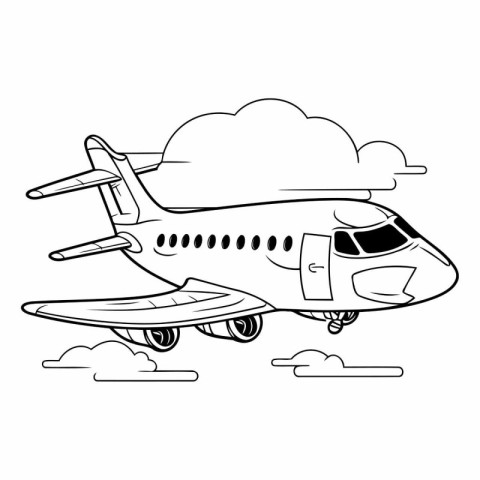 airplane flying in the clouds icon cartoon black and white vecto