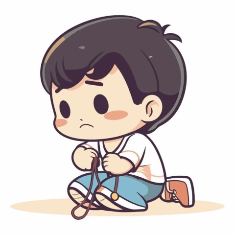 Sad boy sitting on the floor and holding a rope.